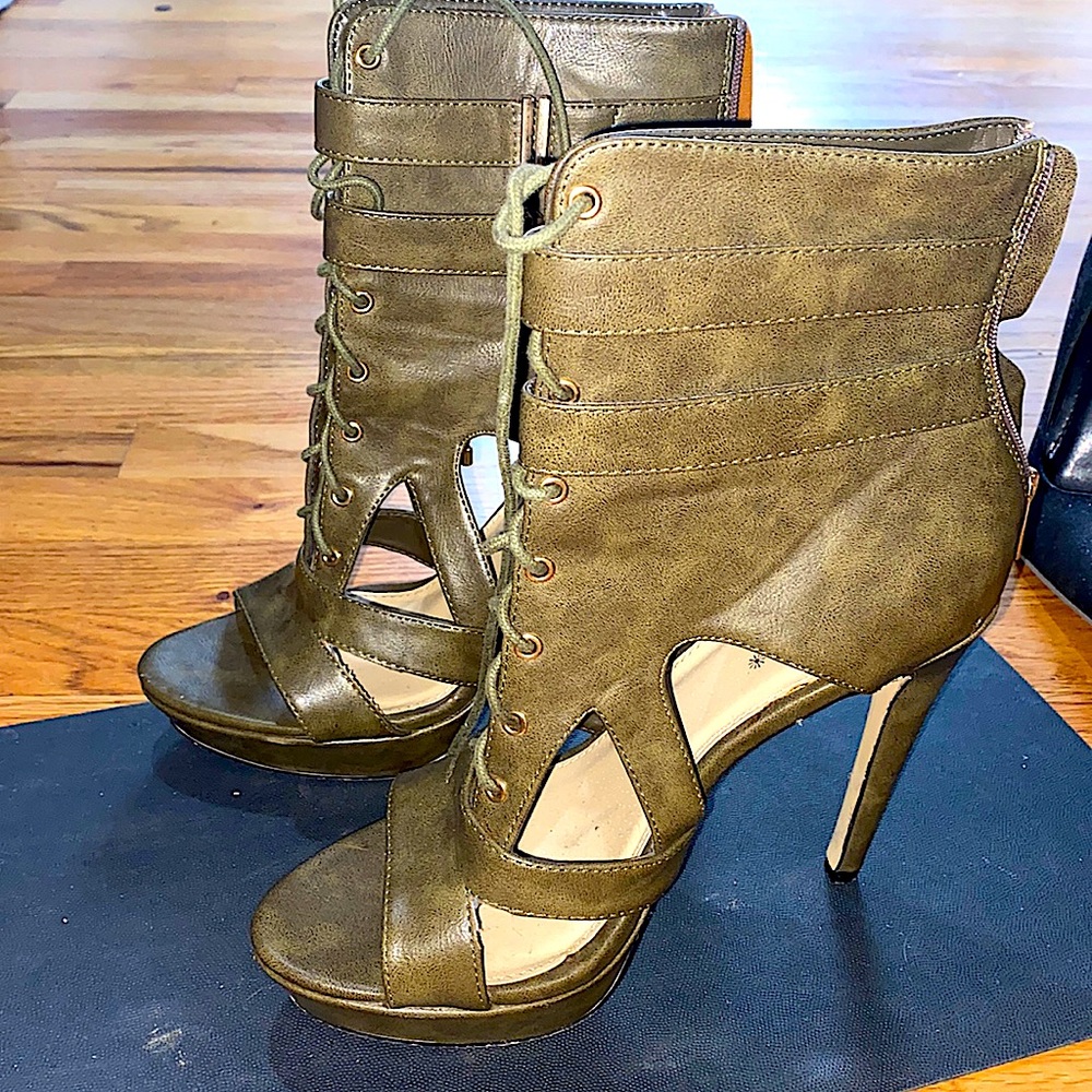 Army green open toe Super high heel 7inches over the ankle strap up heels